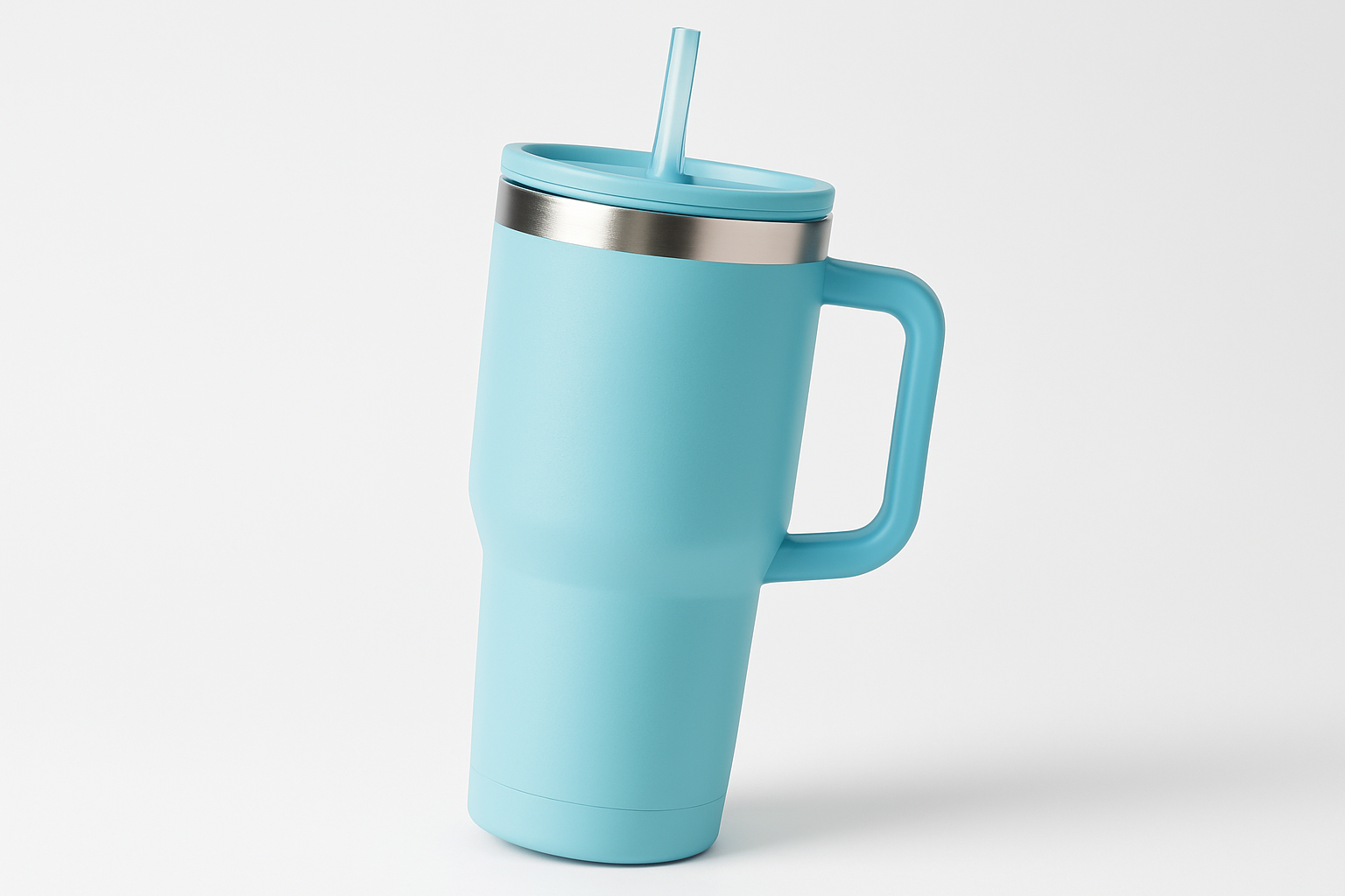 40 oz tumbler  light blue with handle, lid, and straw with a strip of unpainted stainless steel around the top rim tilted just enough to not show the actual top of the lid itself