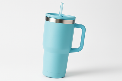 40 oz tumbler  light blue with handle, lid, and straw with a strip of unpainted stainless steel around the top rim tilted just enough to not show the actual top of the lid itself