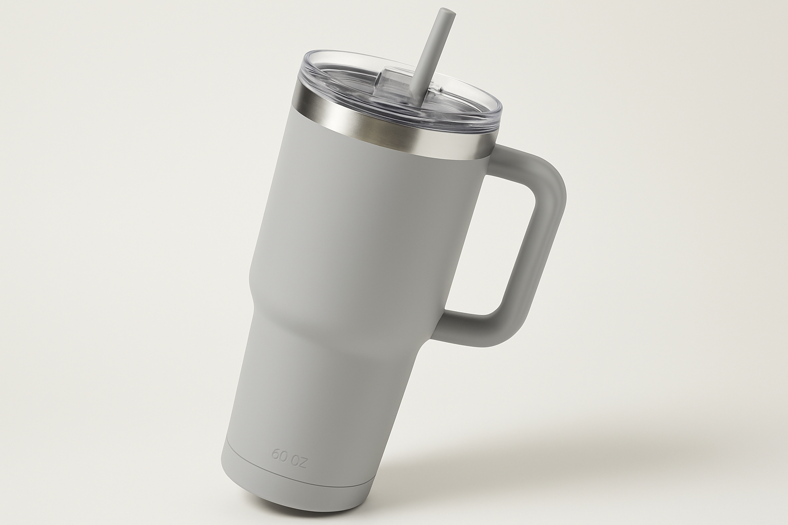 40 oz tumbler light grey with handle, lid, and straw with a strip of unpainted stainless steel around the top rim, the tumbler photographed at an angle just tilted enough to not see inside the top area