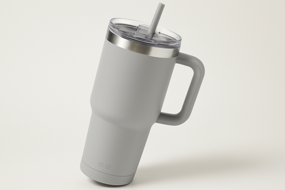 40 oz tumbler light grey with handle, lid, and straw with a strip of unpainted stainless steel around the top rim, the tumbler photographed at an angle just tilted enough to not see inside the top area