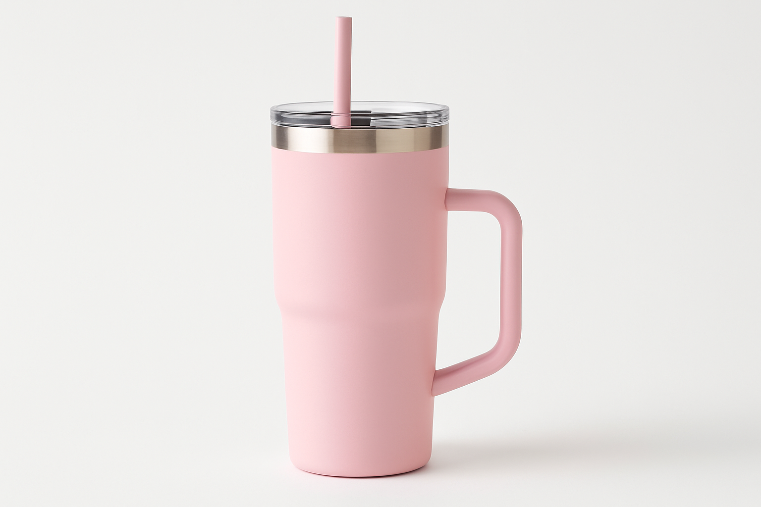 Light pink 40oz stainless steel tumbler with handle and straw – custom engraved