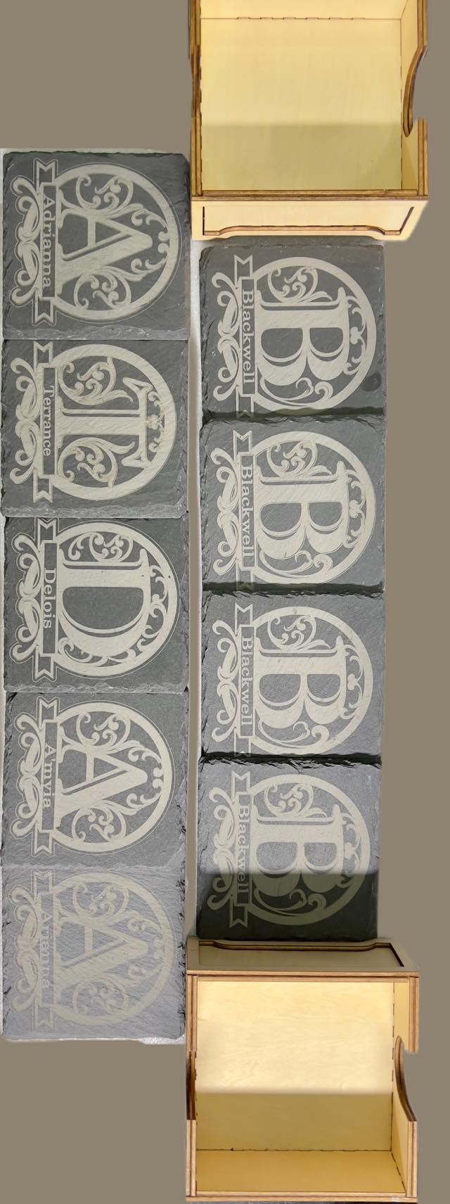 Custom Engraved Slate Coaster Sets | Personalized Stone Coasters with Optional Stand & Storage Box