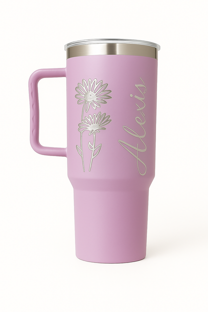 Lavender travel mug with floral design and name 'Alexia' on a white background