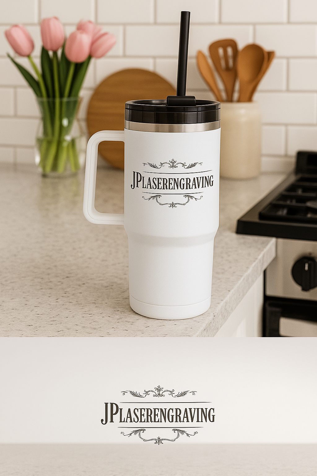 White travel mug with black lid and straw on a kitchen counter, featuring 'JPlaserengraving' branding.