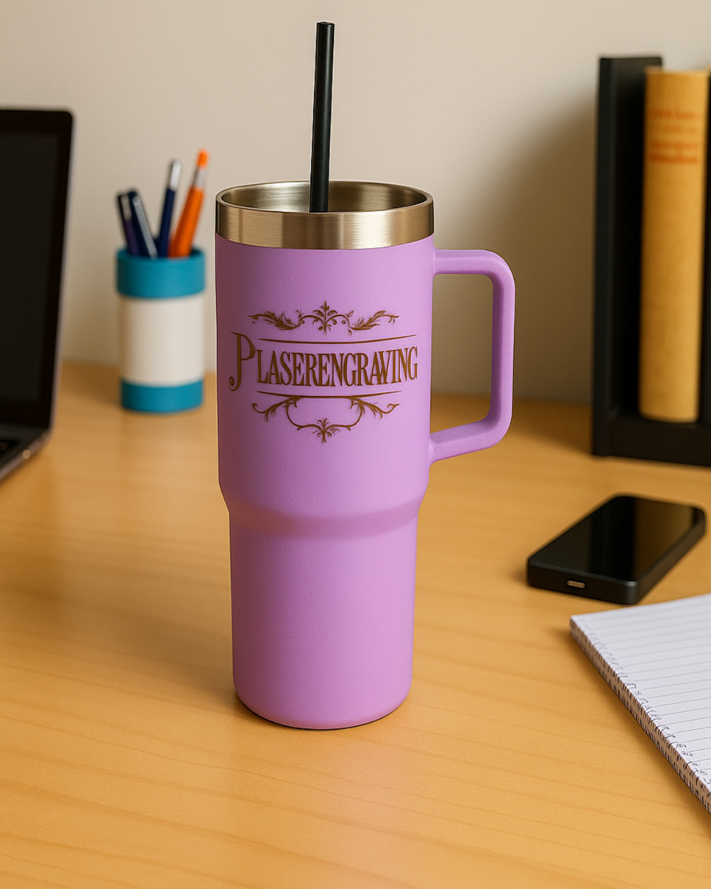 Purple travel mug with gold rim and handle on a desk with office items.
