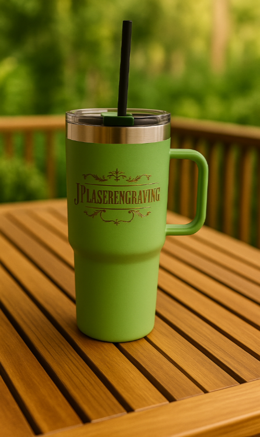 Green tumbler with straw on a wooden table outdoors