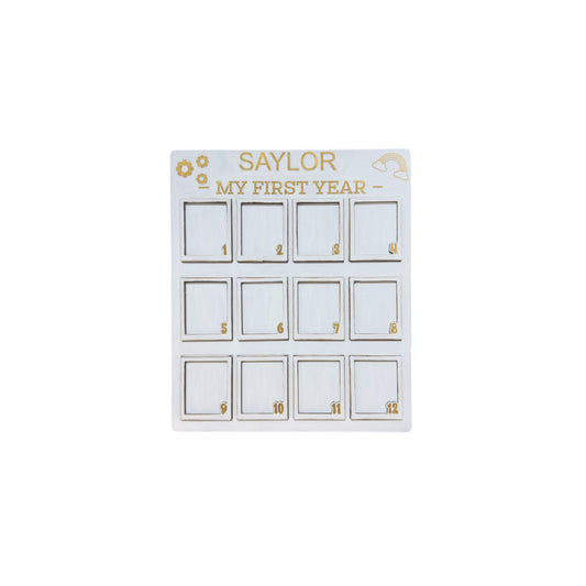 Baby’s First Year wooden photo frame with 12 monthly milestone slots