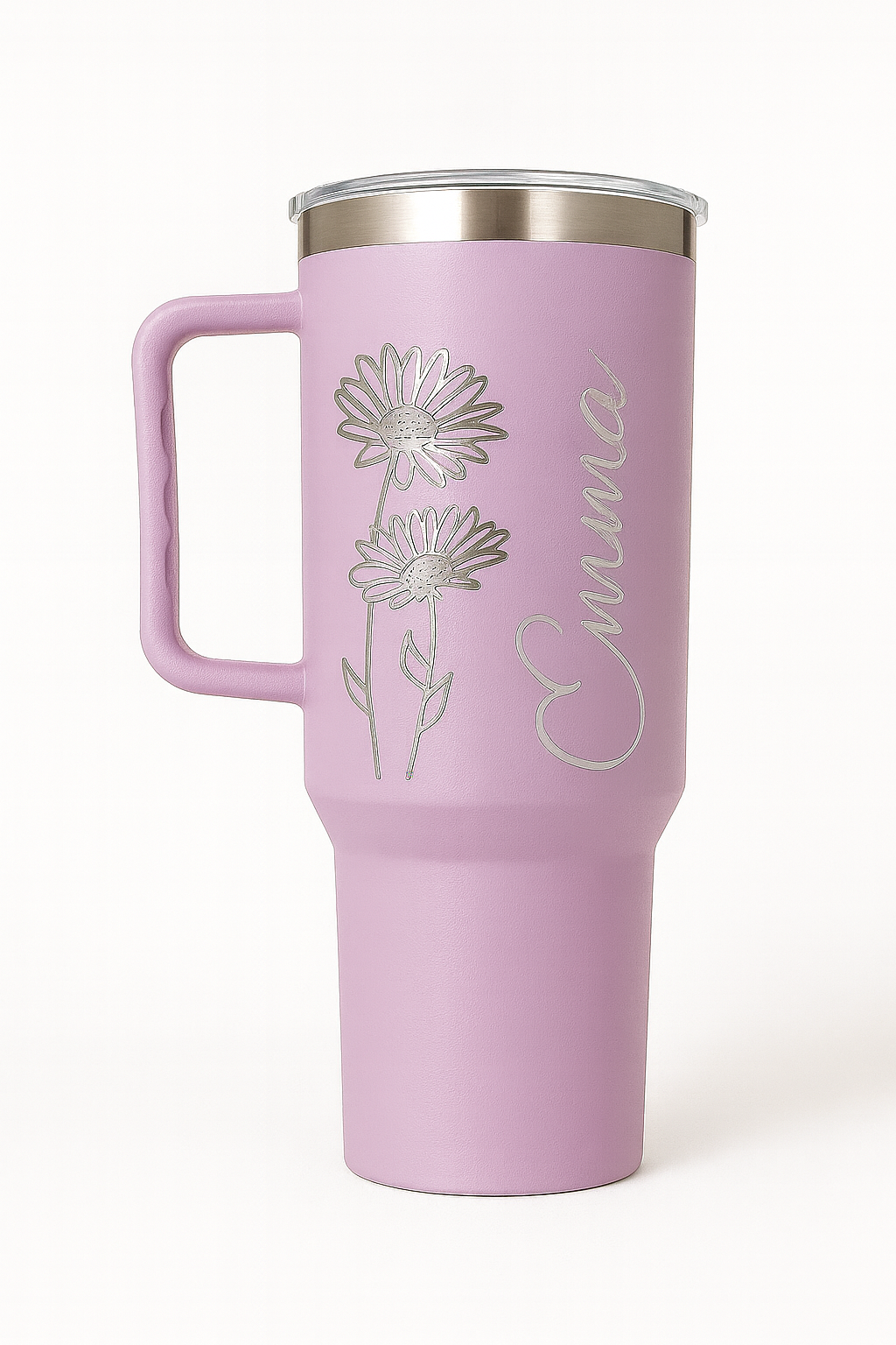 Lavender travel mug with floral design and 'Elegance' text on a white background