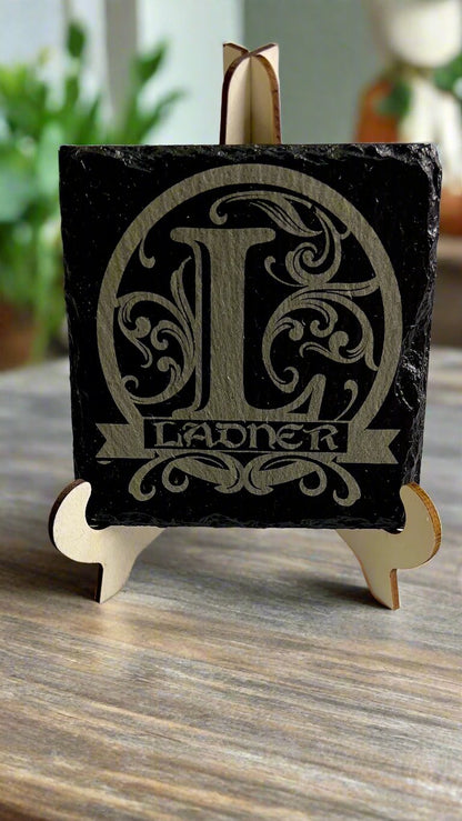 Custom Engraved Slate Rock Coaster Set with Display Stand | Rustic Drinkware Gift - JPLaser Engraving Services