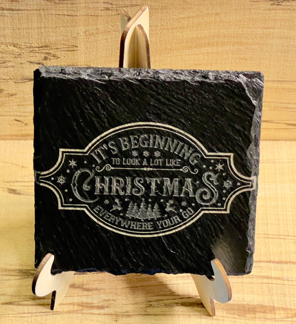 Custom Engraved Slate Rock Coaster Set with Display Stand | Rustic Drinkware Gift - JPLaser Engraving Services
