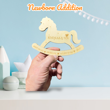 Wooden Rocking Pony Birth Announcement | Custom Baby Name Sign - JPLaser Engraving Services