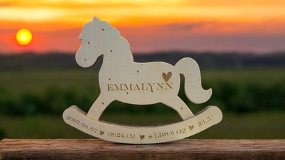Wooden Rocking Pony Birth Announcement | Custom Baby Name Sign - JPLaser Engraving Services