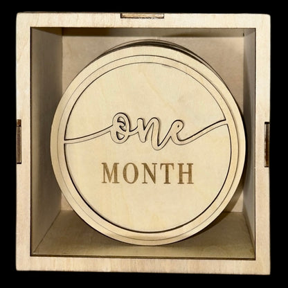 Custom engraved baby milestone discs in wooden keepsake box
