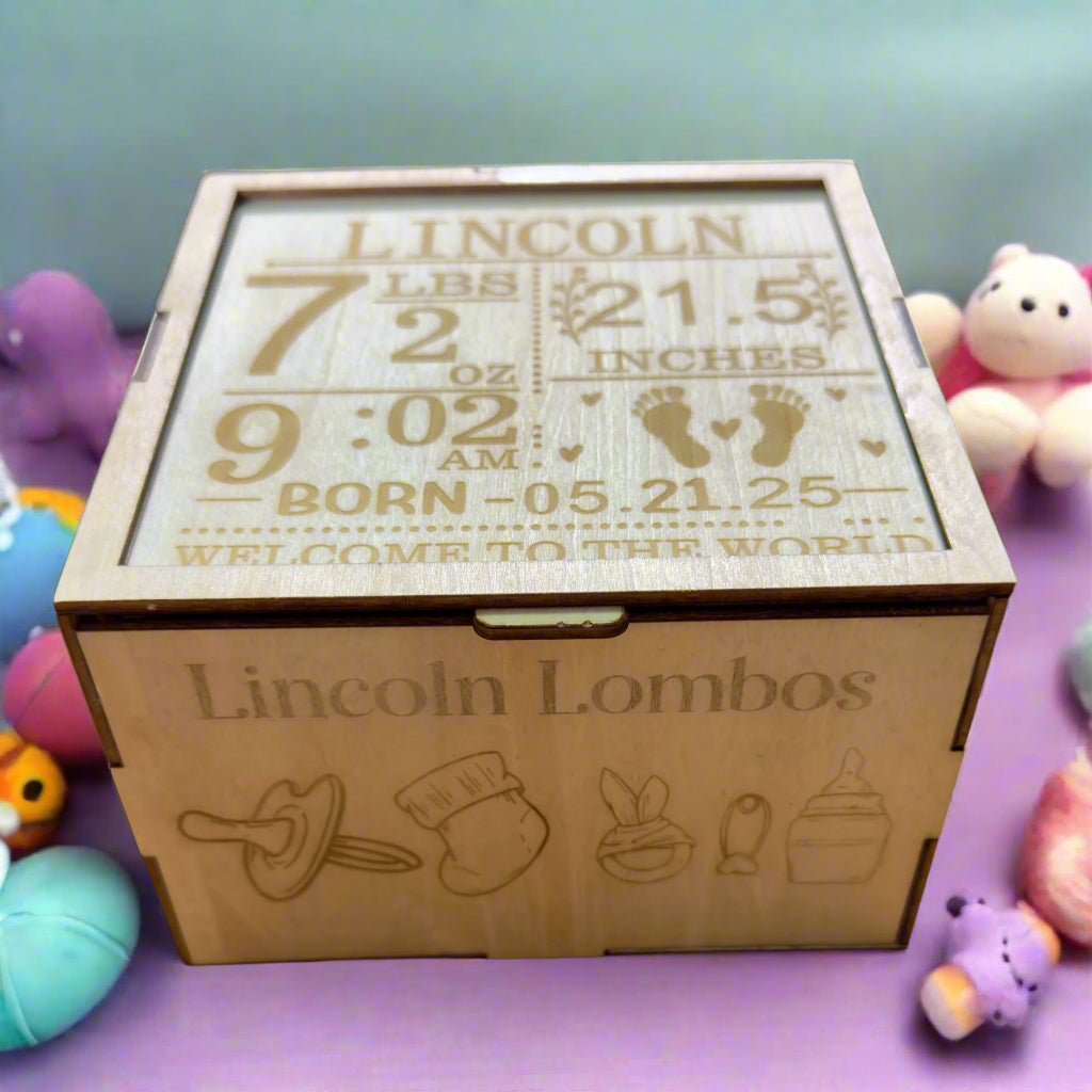 Baby milestone discs in custom engraved keepsake box – personalized lid option