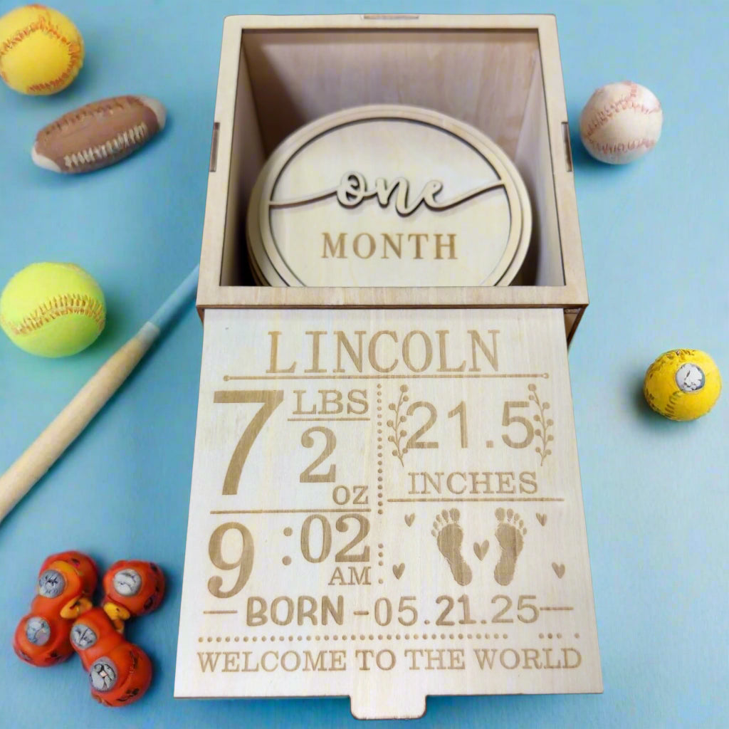 Sliding-lid wooden keepsake box with custom birth-announcement engraving