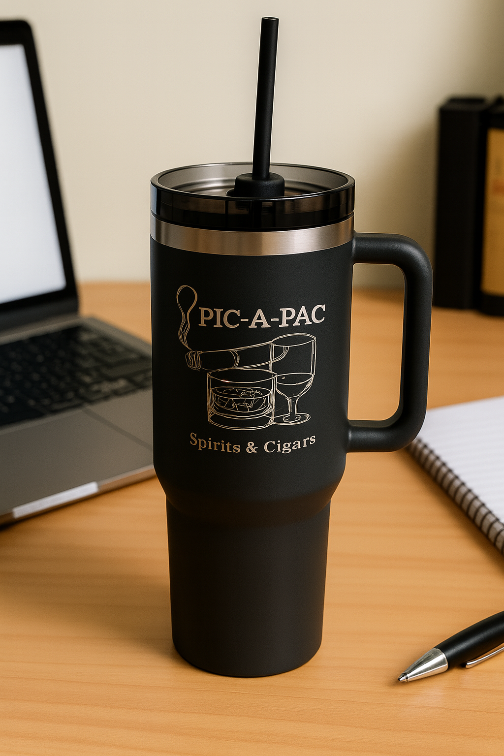 Black travel mug with handle and straw lid on a desk with laptop and notebook