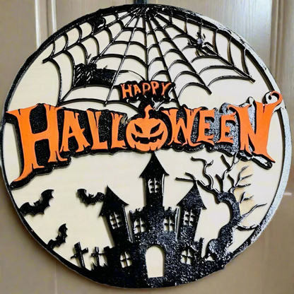 8" Round Wooden Door Hanger | Personalized Halloween Entryway or Room Sign - JPLaser Engraving Services