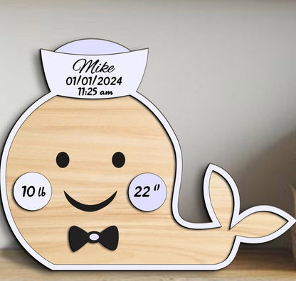 Personalized whale birth announcement sign – engraved wood baby name plaque