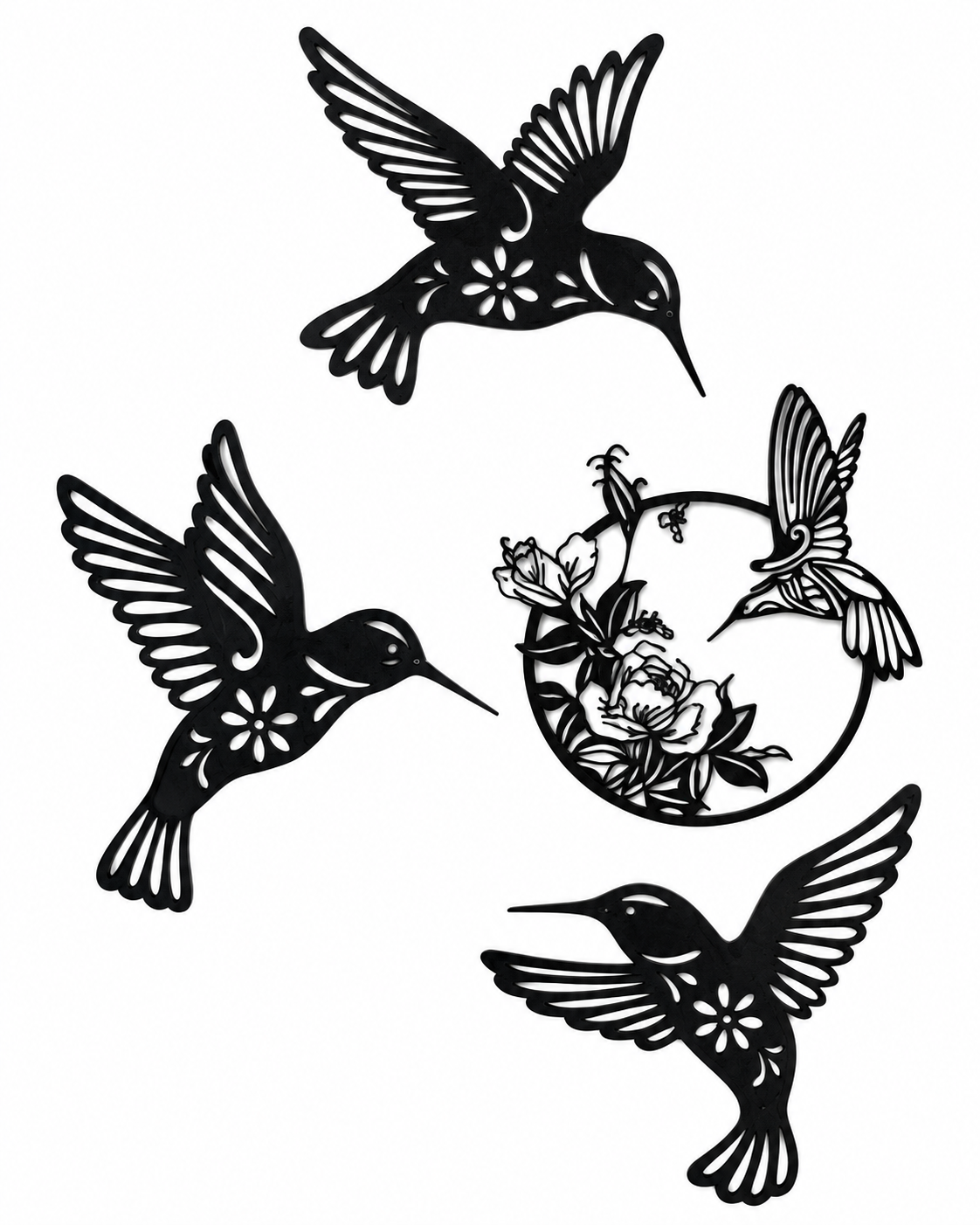 Black 3D printed four-piece hummingbird and floral wall art set displayed on a white background
